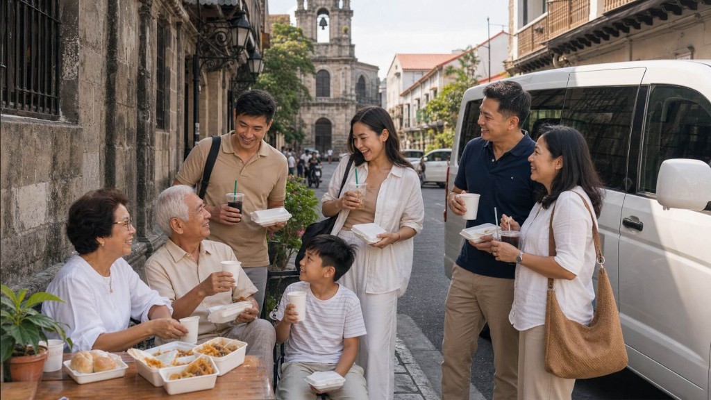 Multi-generational balikbayan family eating local food together on a cobblestone street in Intramuros, with a colonial church in the background and their private van parked nearby