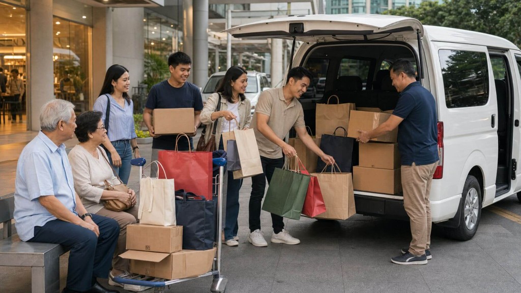 Balikbayan family loading pasalubong boxes and shopping bags into a private van outside a Manila mall, with grandparents resting while younger family members carry the haul