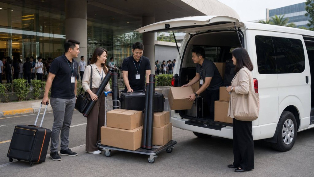 Convention exhibitor team unloading equipment cases, poster tubes, and cargo boxes from a private van at an SMX or World Trade Center Manila entrance