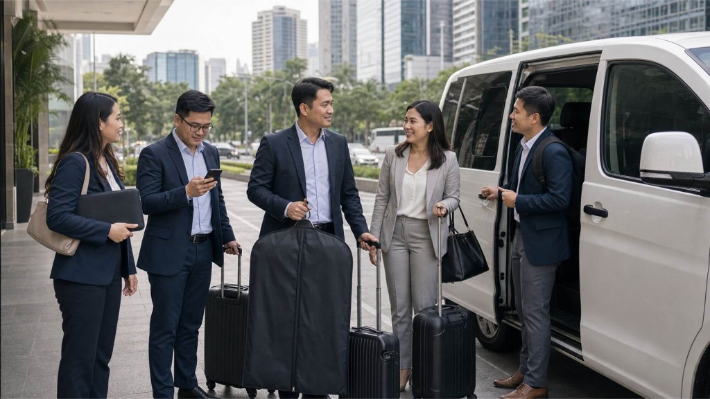 Business team in formal attire with rolling suitcases and a garment bag boarding a private van on a BGC street with the city skyline in the background