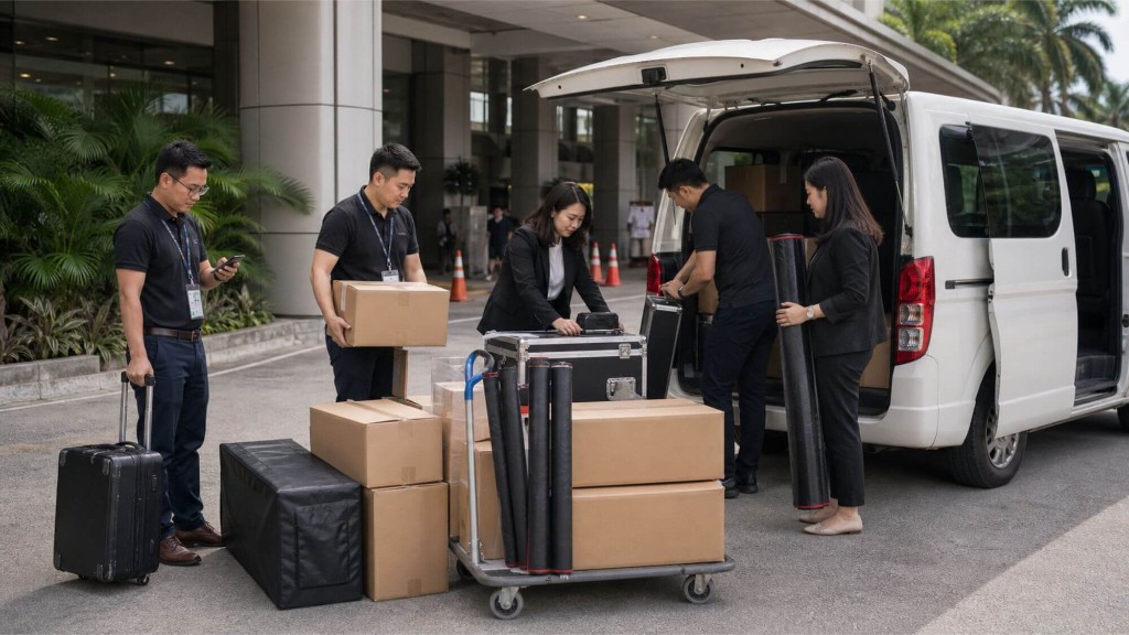 Exhibitor team with lanyards unloading boxes, equipment flight cases, and display materials from a private van at a World Trade Center Manila entrance