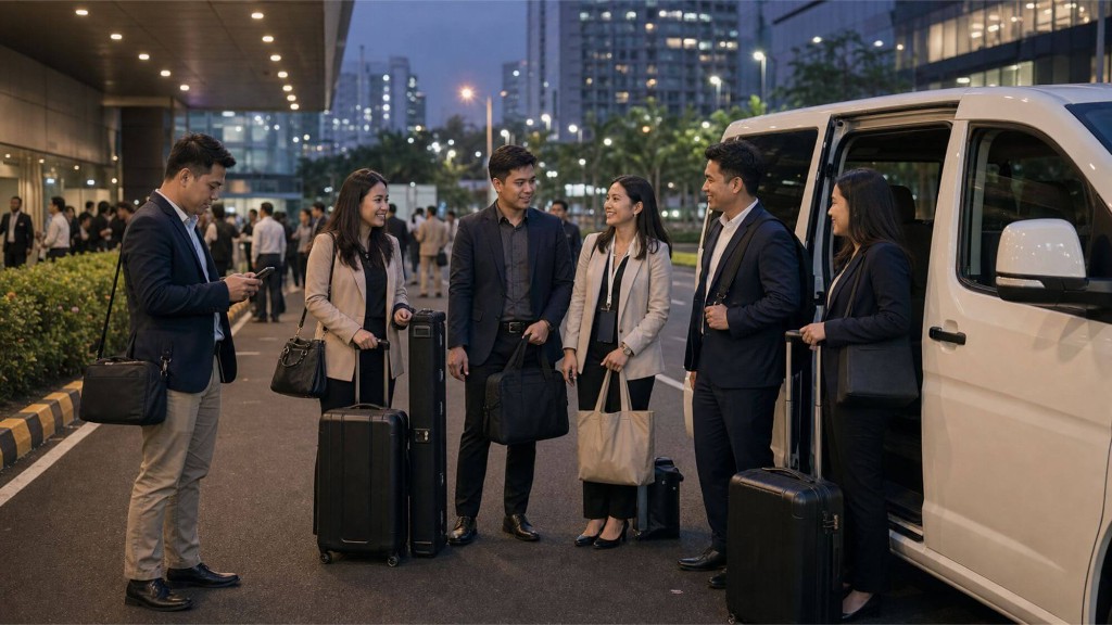 Business group in formal attire with suitcases and bags gathered outside a private van at night, with Manila city lights and a high-rise skyline in the background