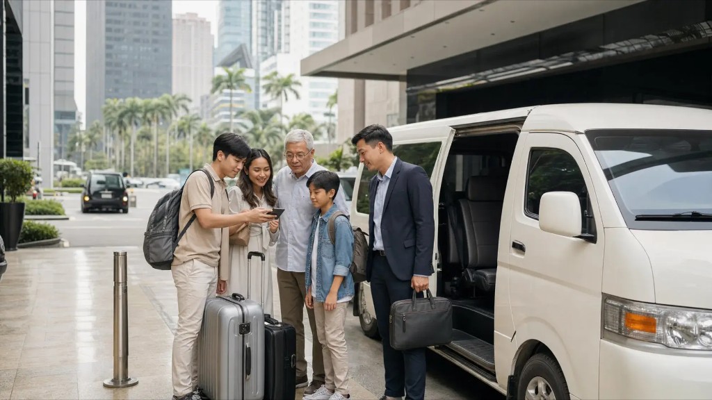 Multi-generational Filipino family stopping for drinks on a Chinatown street next to their private van