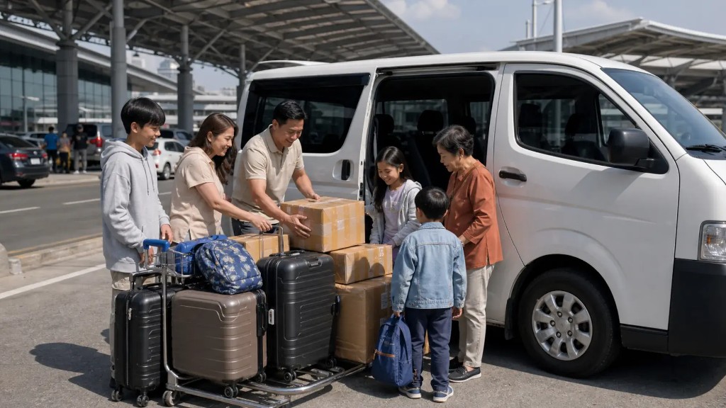 Family loading balikbayan boxes and luggage into a private van at the airport