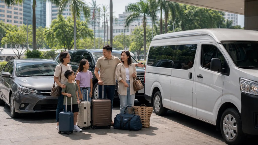 Family with luggage boarding a private van outside a Manila hotel