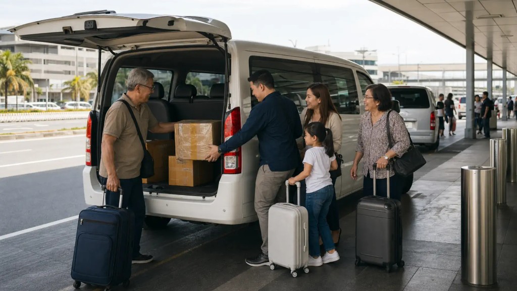 Multi-generational family loading luggage and balikbayan boxes into a private van at NAIA