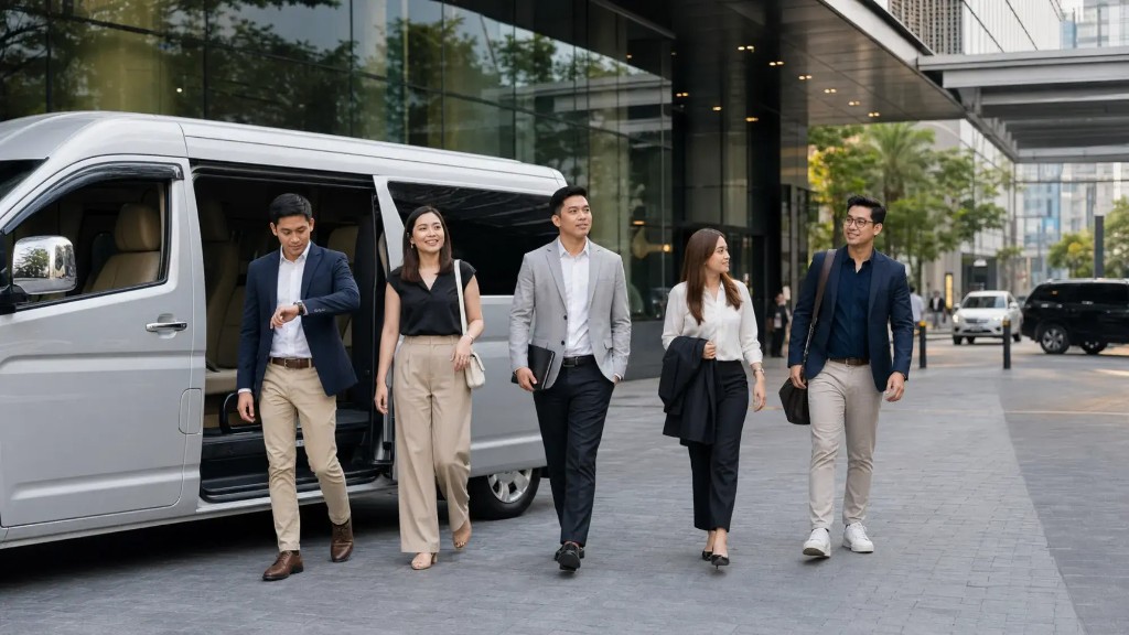 Business team arriving together by private van at a BGC office building in Manila
