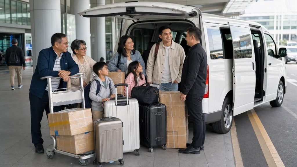 Group of passengers at NAIA coordinating with their private van driver outside the terminal