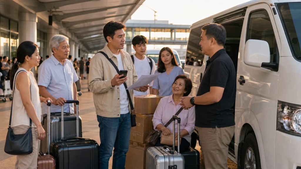Multi-generational balikbayan family with suitcases, balikbayan boxes, and a stroller loading into a private van at the airport
